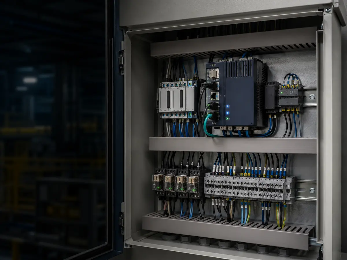 Professionally installed compact edge monitoring and control enclosure with DIN rail components and tidy industrial wiring